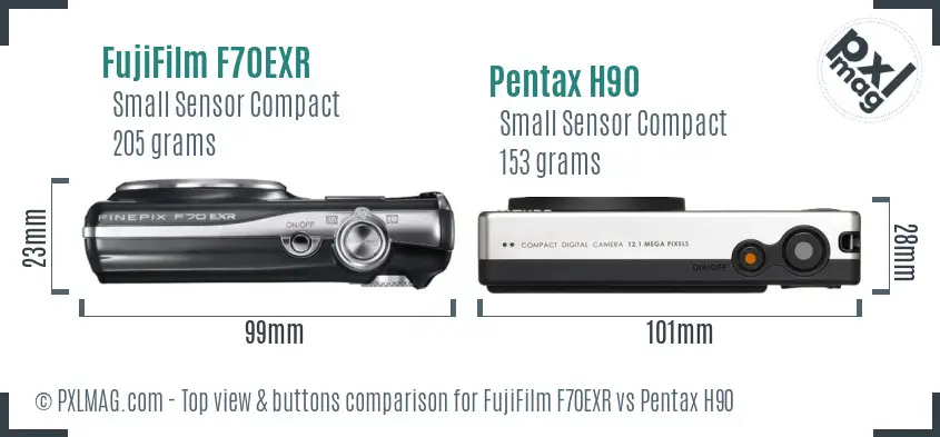 FujiFilm F70EXR vs Pentax H90 top view buttons comparison FujiFilm F70EXR vs Pentax H90 top view buttons comparison