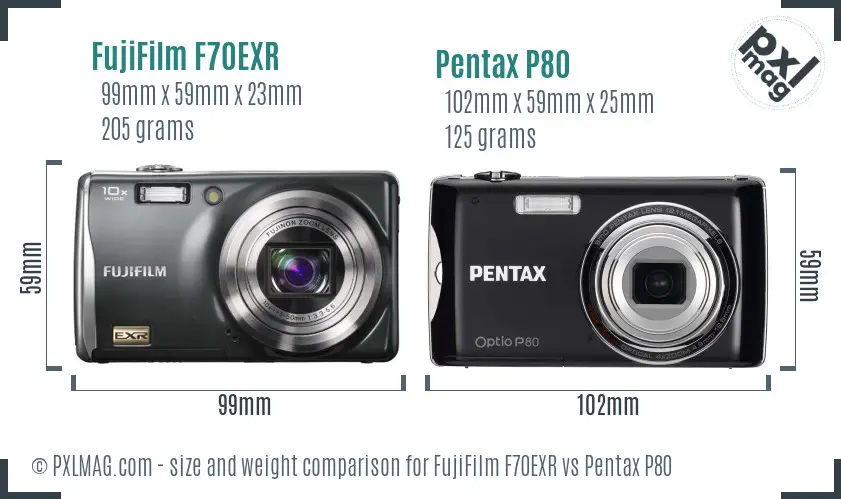 FujiFilm F70EXR vs Pentax P80 size comparison