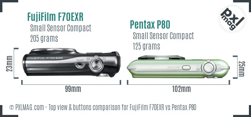 FujiFilm F70EXR vs Pentax P80 top view buttons comparison