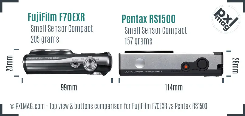FujiFilm F70EXR vs Pentax RS1500 top view buttons comparison