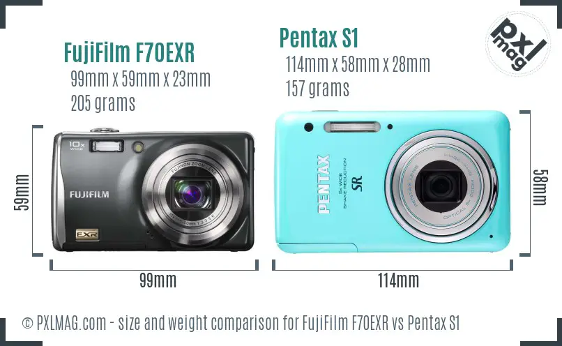 FujiFilm F70EXR vs Pentax S1 size comparison