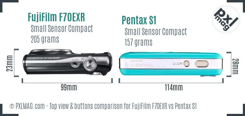 FujiFilm F70EXR vs Pentax S1 top view buttons comparison