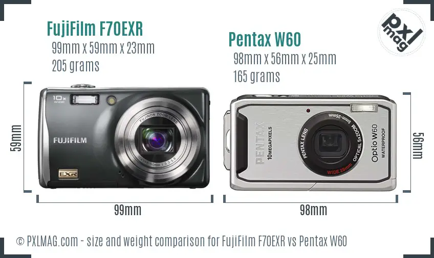 FujiFilm F70EXR vs Pentax W60 size comparison