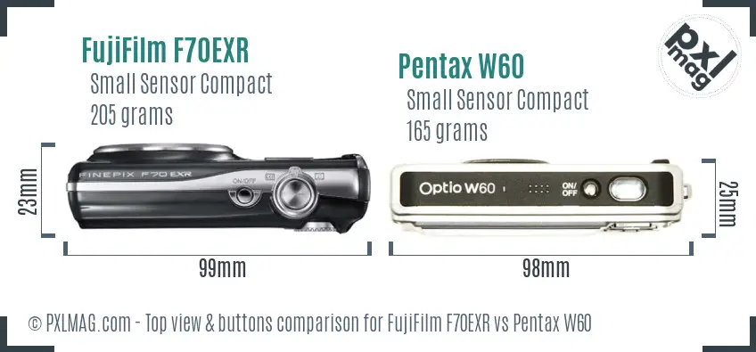 FujiFilm F70EXR vs Pentax W60 top view buttons comparison