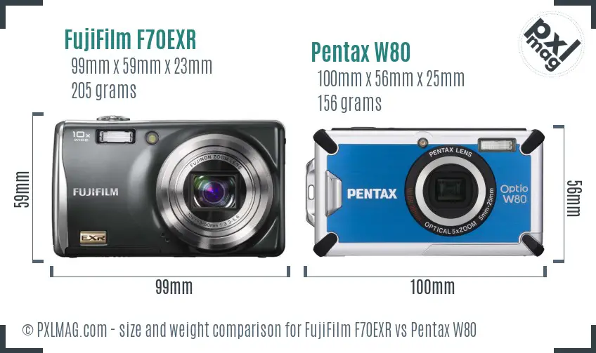 FujiFilm F70EXR vs Pentax W80 size comparison