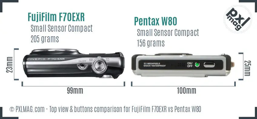 FujiFilm F70EXR vs Pentax W80 top view buttons comparison