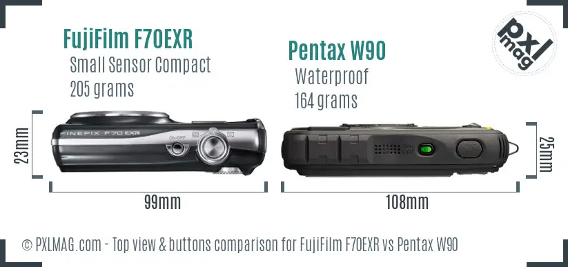 FujiFilm F70EXR vs Pentax W90 top view buttons comparison FujiFilm F70EXR vs Pentax W90 top view buttons comparison