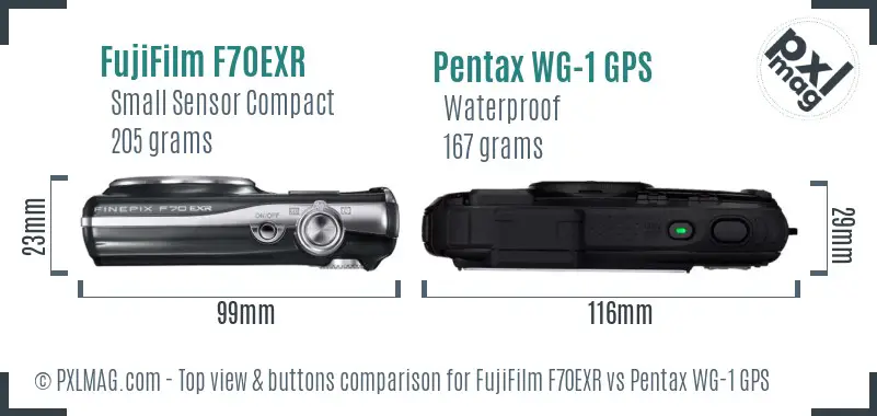 FujiFilm F70EXR vs Pentax WG-1 GPS top view buttons comparison