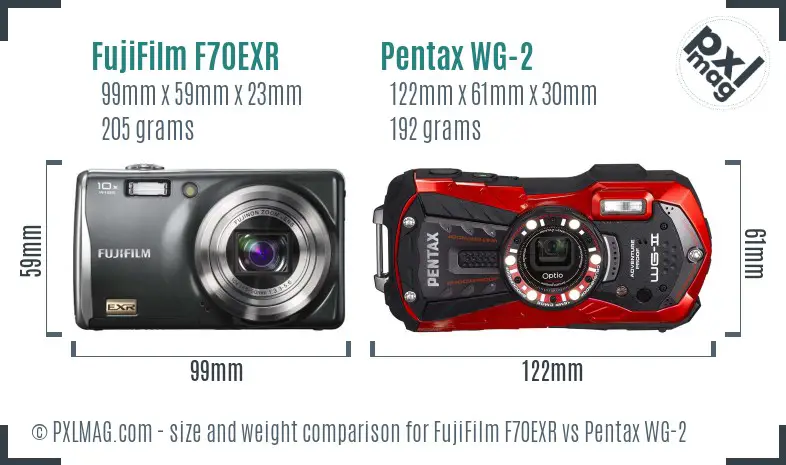 FujiFilm F70EXR vs Pentax WG-2 size comparison