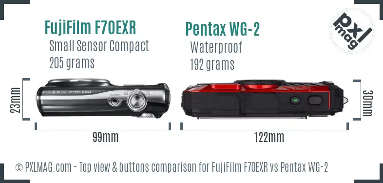 FujiFilm F70EXR vs Pentax WG-2 top view buttons comparison