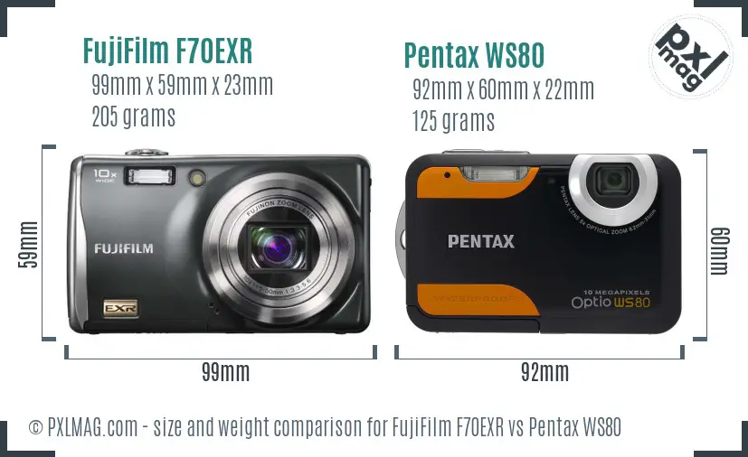 FujiFilm F70EXR vs Pentax WS80 size comparison