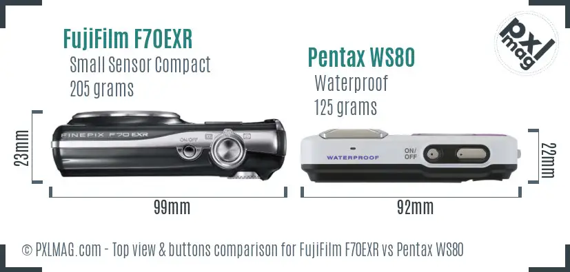 FujiFilm F70EXR vs Pentax WS80 top view buttons comparison