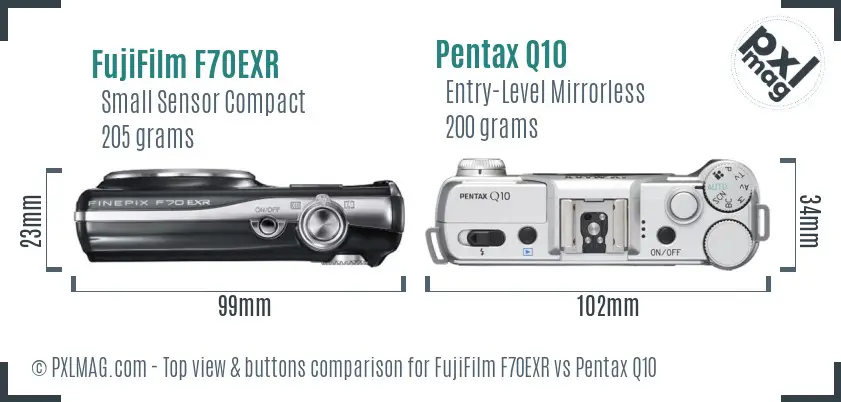 FujiFilm F70EXR vs Pentax Q10 top view buttons comparison