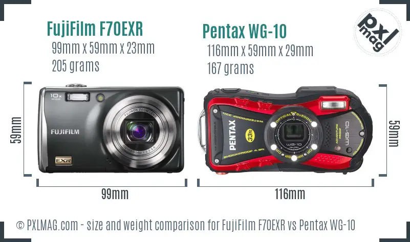 FujiFilm F70EXR vs Pentax WG-10 size comparison