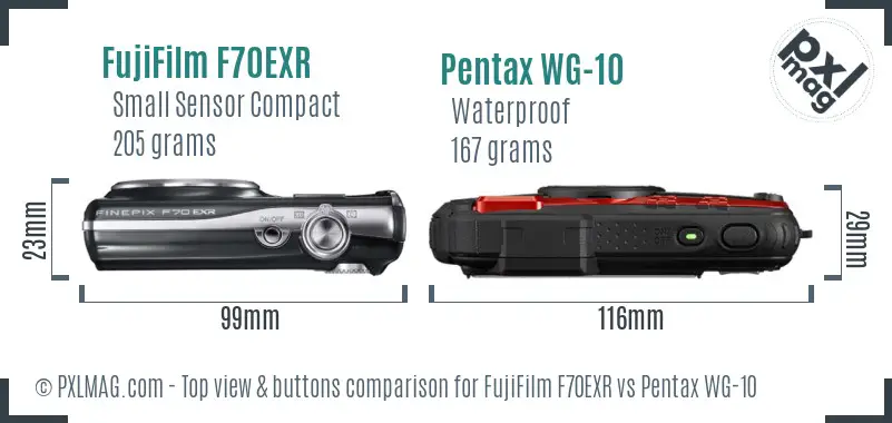 FujiFilm F70EXR vs Pentax WG-10 top view buttons comparison