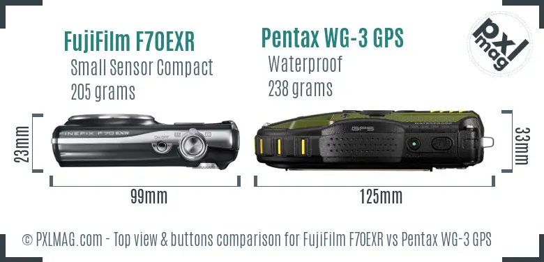 FujiFilm F70EXR vs Pentax WG-3 GPS top view buttons comparison FujiFilm F70EXR vs Pentax WG-3 GPS top view buttons comparison