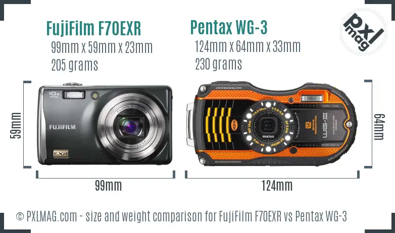 FujiFilm F70EXR vs Pentax WG-3 size comparison