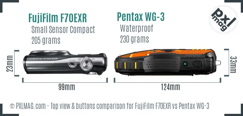 FujiFilm F70EXR vs Pentax WG-3 top view buttons comparison