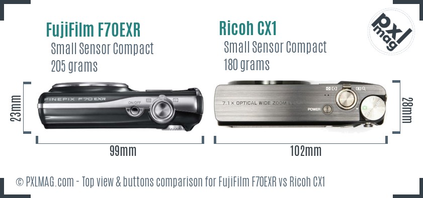 FujiFilm F70EXR vs Ricoh CX1 top view buttons comparison