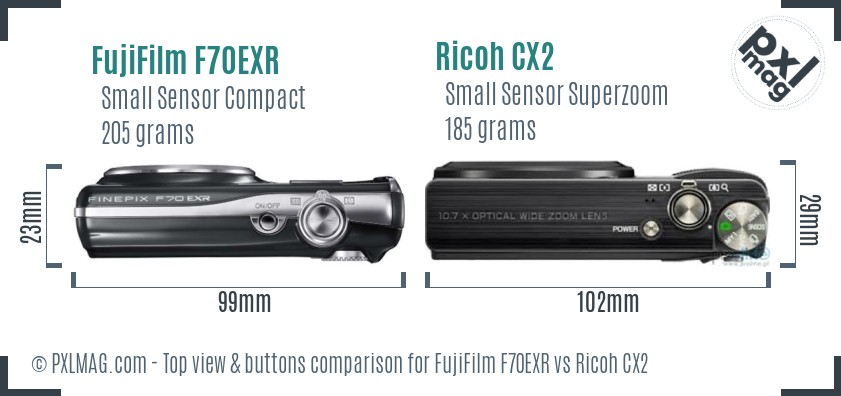 FujiFilm F70EXR vs Ricoh CX2 top view buttons comparison