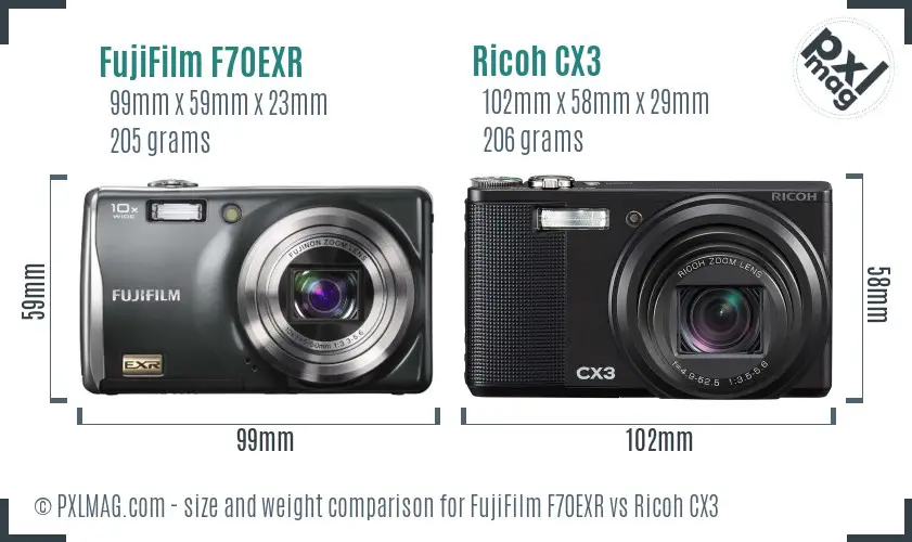 FujiFilm F70EXR vs Ricoh CX3 size comparison