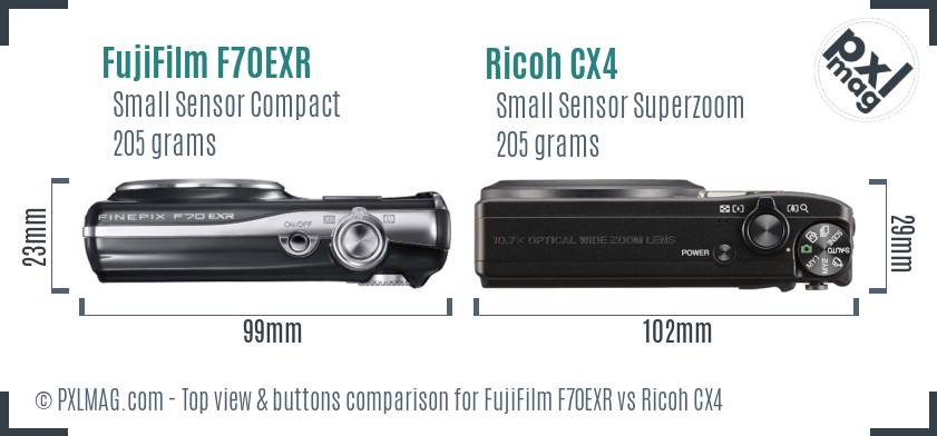 FujiFilm F70EXR vs Ricoh CX4 top view buttons comparison