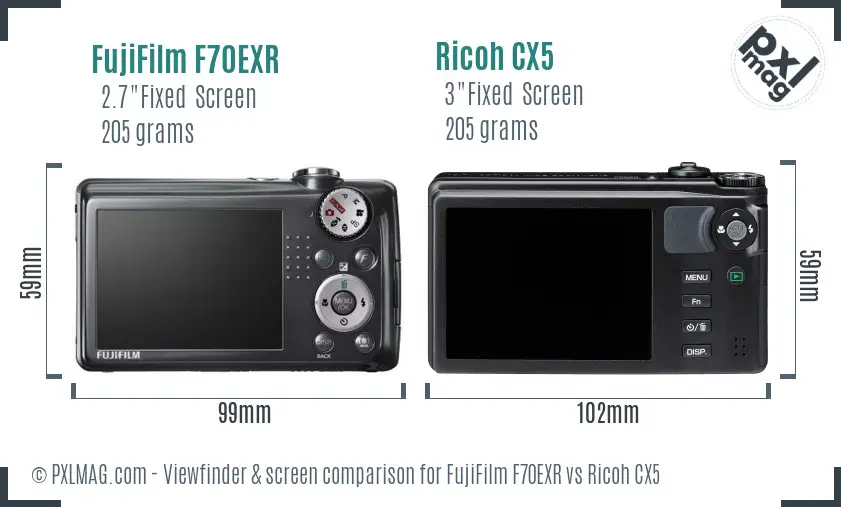 FujiFilm F70EXR vs Ricoh CX5 Screen and Viewfinder comparison