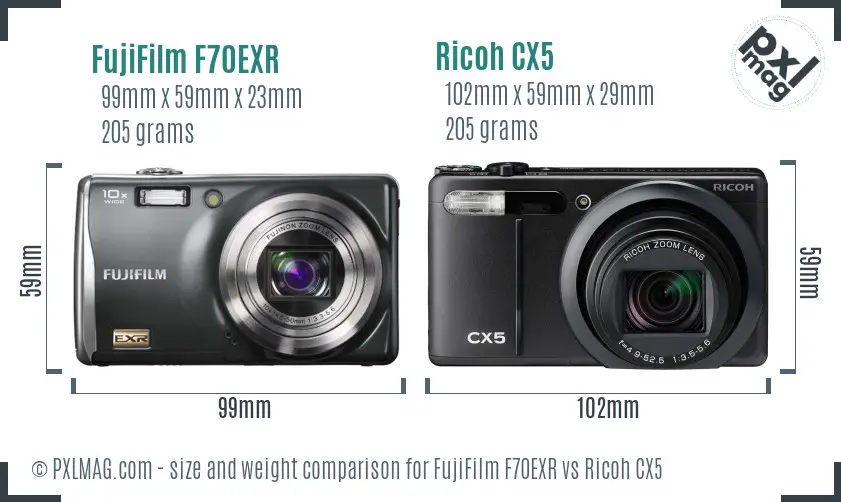 FujiFilm F70EXR vs Ricoh CX5 size comparison