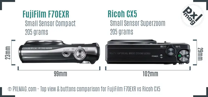 FujiFilm F70EXR vs Ricoh CX5 top view buttons comparison