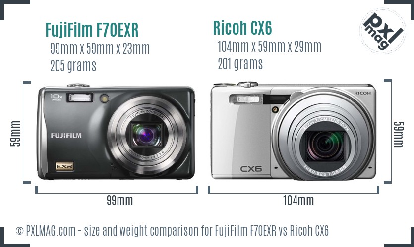 FujiFilm F70EXR vs Ricoh CX6 size comparison