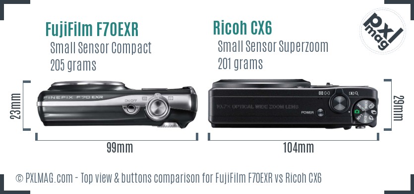 FujiFilm F70EXR vs Ricoh CX6 top view buttons comparison