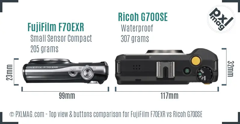 FujiFilm F70EXR vs Ricoh G700SE top view buttons comparison