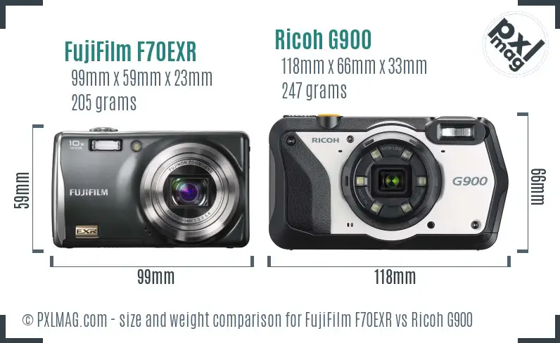 FujiFilm F70EXR vs Ricoh G900 size comparison