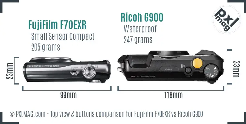 FujiFilm F70EXR vs Ricoh G900 top view buttons comparison
