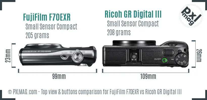 FujiFilm F70EXR vs Ricoh GR Digital III top view buttons comparison
