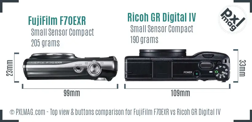 FujiFilm F70EXR vs Ricoh GR Digital IV top view buttons comparison