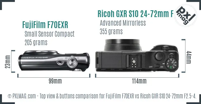 FujiFilm F70EXR vs Ricoh GXR S10 24-72mm F2.5-4.4 VC top view buttons comparison