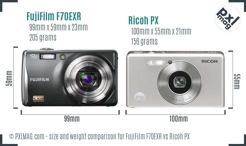FujiFilm F70EXR vs Ricoh PX size comparison
