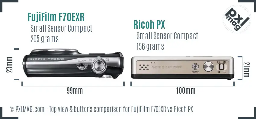 FujiFilm F70EXR vs Ricoh PX top view buttons comparison
