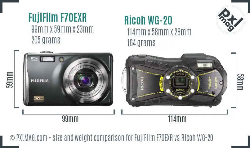 FujiFilm F70EXR vs Ricoh WG-20 size comparison