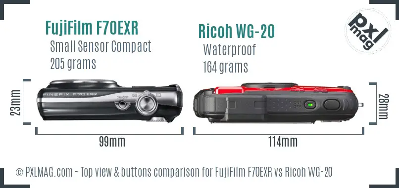 FujiFilm F70EXR vs Ricoh WG-20 top view buttons comparison