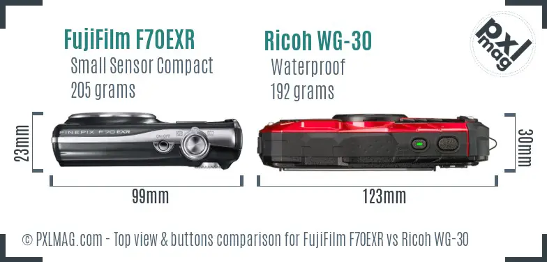 FujiFilm F70EXR vs Ricoh WG-30 top view buttons comparison