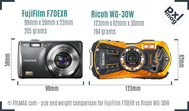 FujiFilm F70EXR vs Ricoh WG-30W size comparison FujiFilm F70EXR vs Ricoh WG-30W size comparison