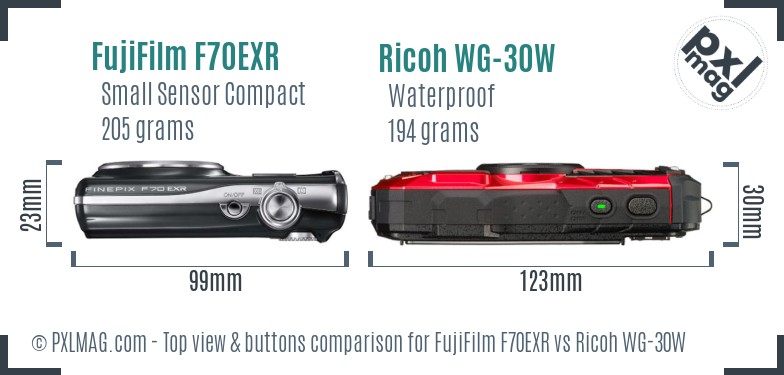 FujiFilm F70EXR vs Ricoh WG-30W top view buttons comparison