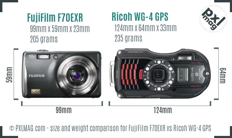 FujiFilm F70EXR vs Ricoh WG-4 GPS size comparison FujiFilm F70EXR vs Ricoh WG-4 GPS size comparison