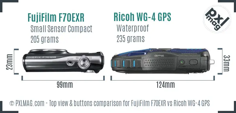 FujiFilm F70EXR vs Ricoh WG-4 GPS top view buttons comparison FujiFilm F70EXR vs Ricoh WG-4 GPS top view buttons comparison