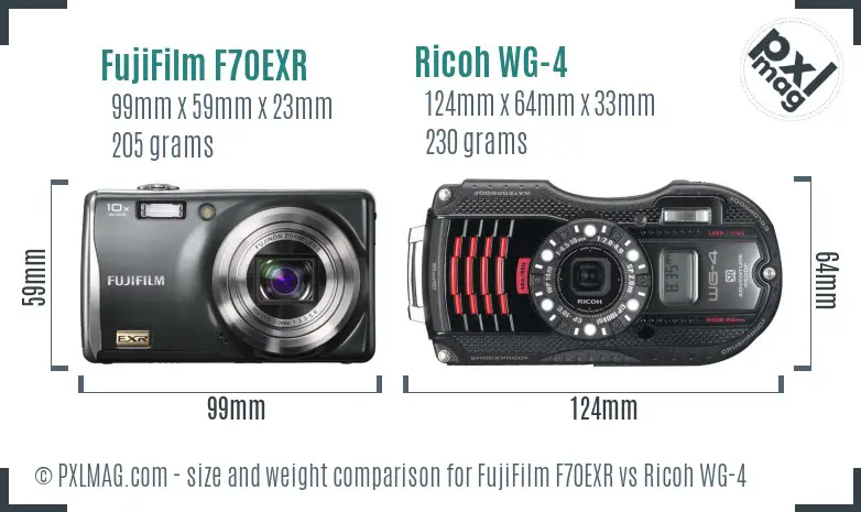 FujiFilm F70EXR vs Ricoh WG-4 size comparison