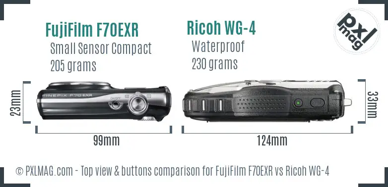 FujiFilm F70EXR vs Ricoh WG-4 top view buttons comparison