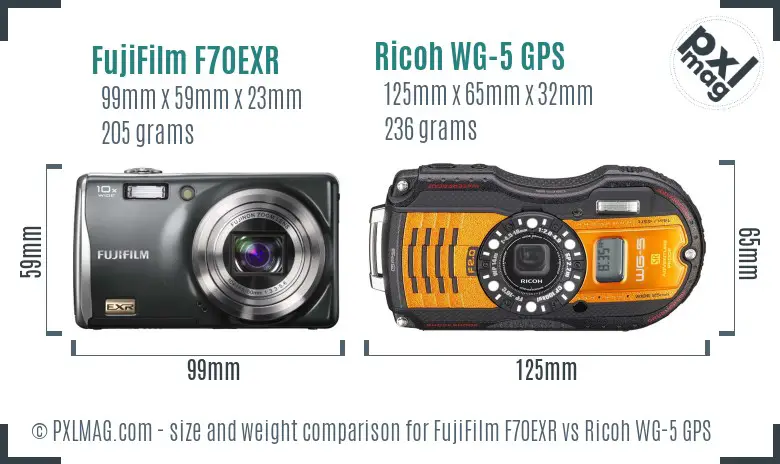 FujiFilm F70EXR vs Ricoh WG-5 GPS size comparison