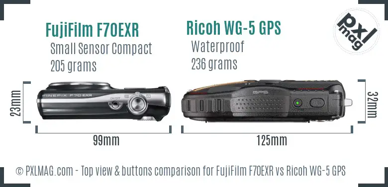 FujiFilm F70EXR vs Ricoh WG-5 GPS top view buttons comparison